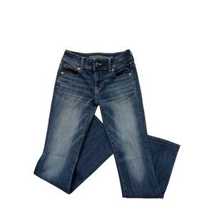 AE AMERICAN EAGLE WOMENS KICKBOOT Sz 0 Short 360 SUPER STRETCH JEANS DRK WSH